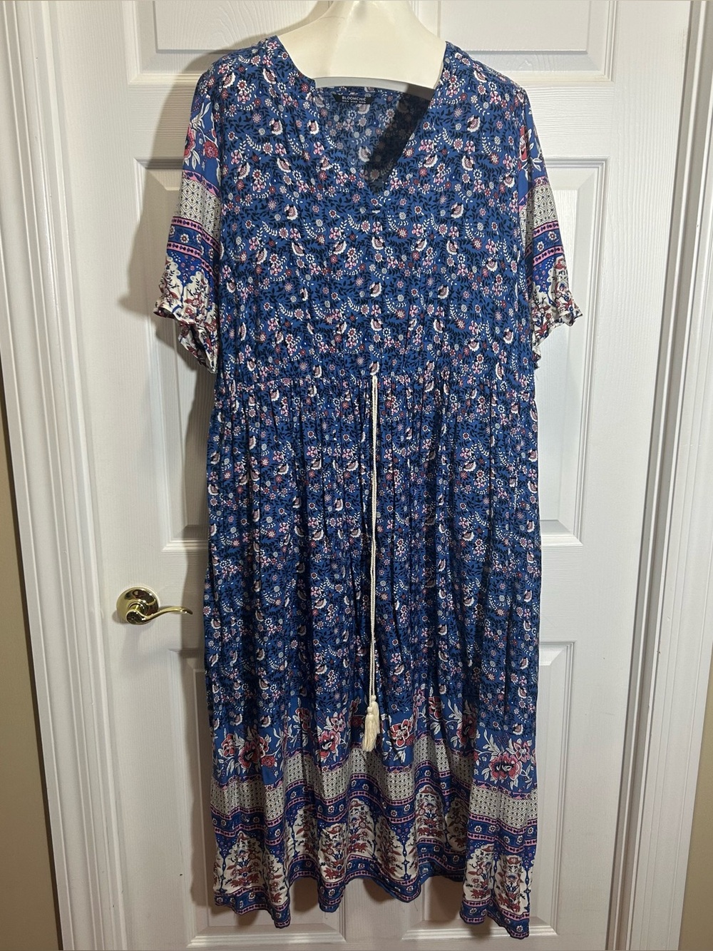 BloomChic Blue Floral Boho Maxi Dress with Tassel Tie